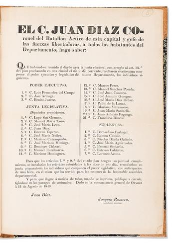 (MEXICO.) Documents on the reconstitution of the state of Oaxaca and the rise of Benito Juárez to power.